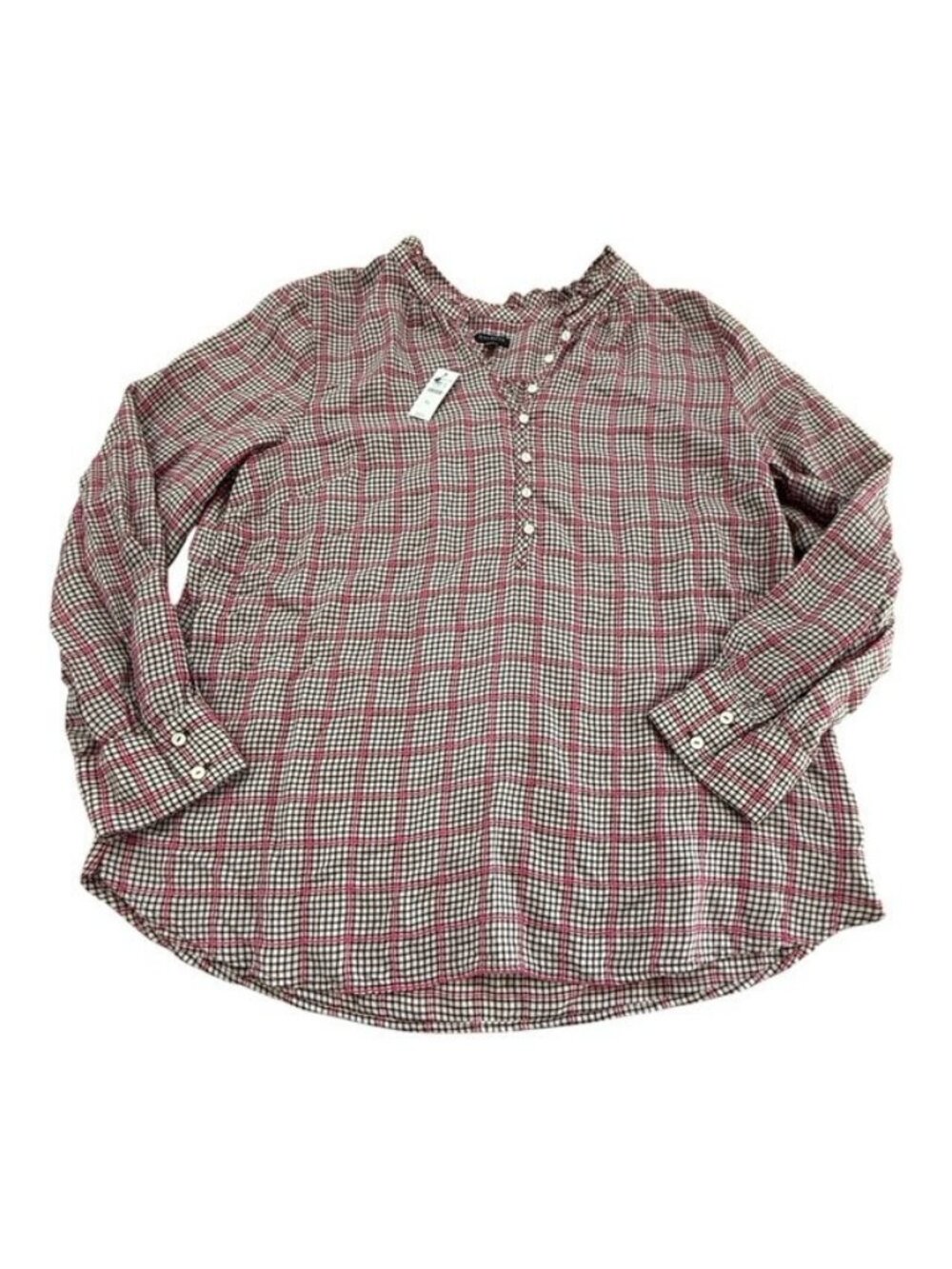 Talbots XL Pink White Plaid Rufflw Neck Buttons Long Sleeve Blouse Shirt Top NWT